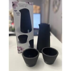 Magisso Naturally Cooling Ceramic Sake Set 3pc. Black- write w/ Chalk 13.5oz New